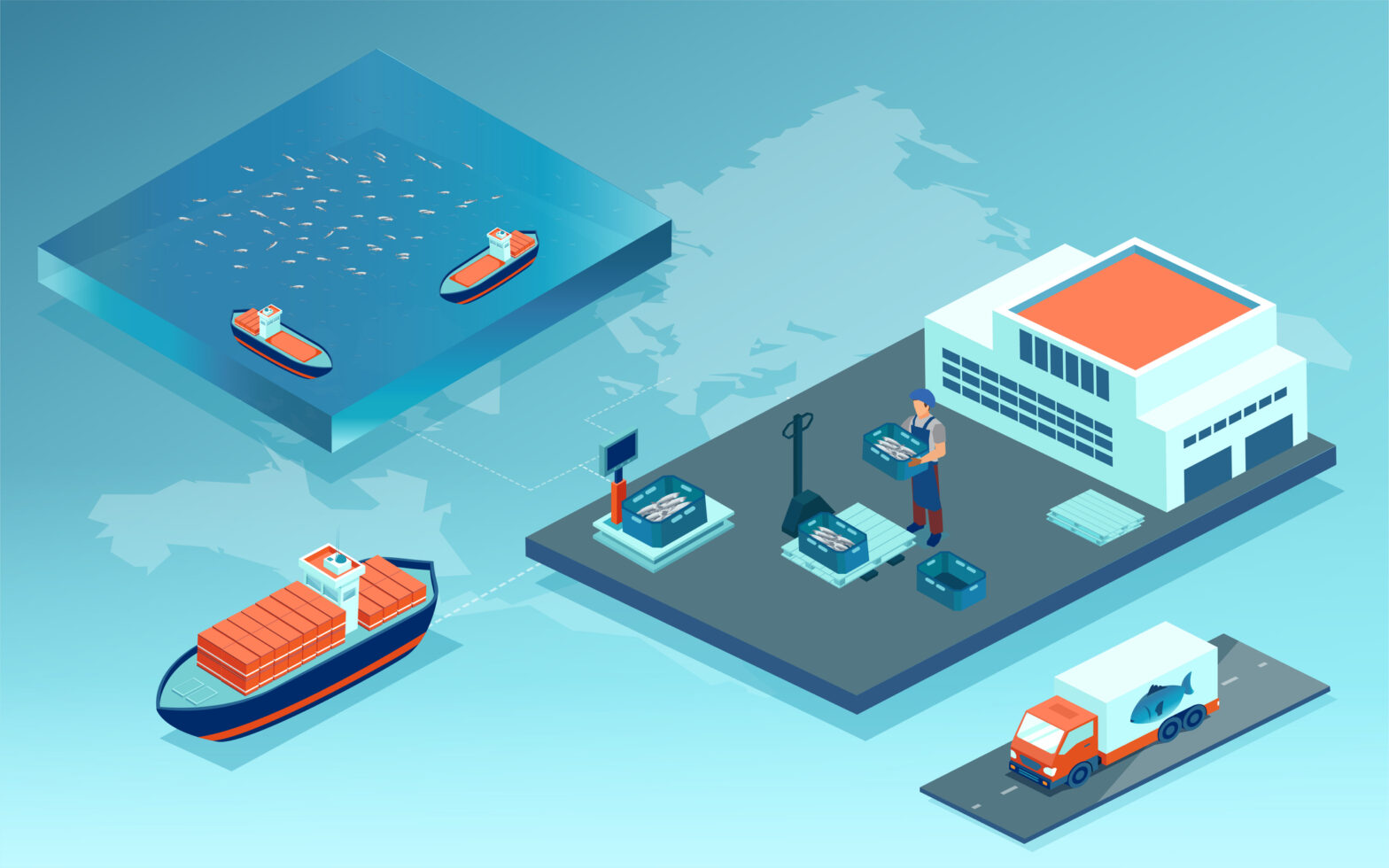 Vector of a fish industry, seafood production and distribution