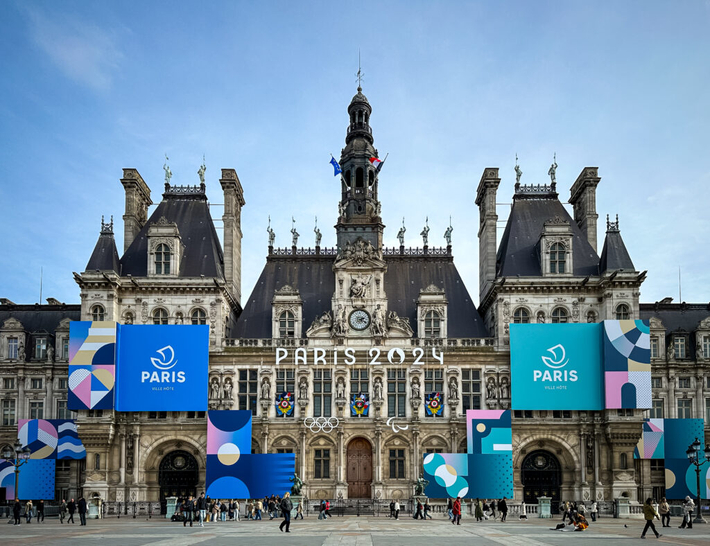 Paris, France - 20.02.2024. Hotel de Ville or City Hall in Paris, France. Decorated with banners about olympic games in Paris in 2024
