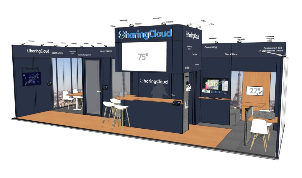 Le stand SharingCloud, pensé comme un véritable environnement de travail intelligent, met en scène ses solutions de Flex Office, coworking et gestion des espaces, dans un design épuré et technologique au service de l’usage.