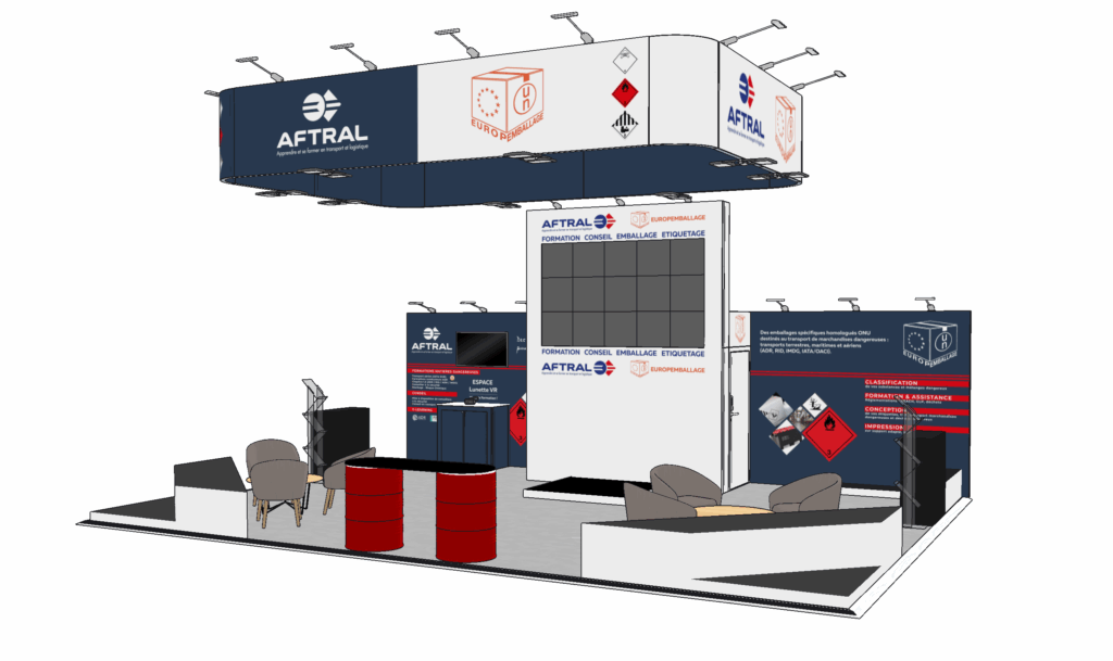 Vue 3D du stand partagé conçu pour le salon Pollutec 2025, illustrant une implantation stratégique pensée pour l’impact visuel, la circulation fluide et la complémentarité des marques. L’espace est structuré autour d’un totem central et ouvert sur trois côtés, offrant à chaque coexposant — Europe Emballage et l’AFTRAL — une visibilité distincte tout en affirmant leur synergie. Un aménagement optimisé pour informer, séduire et créer du lien… dès le premier regard.