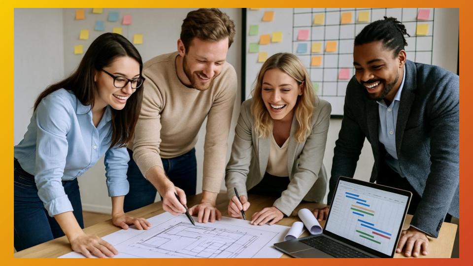 Équipe en train de préparer un salon professionnel avec documentation et planning stratégique