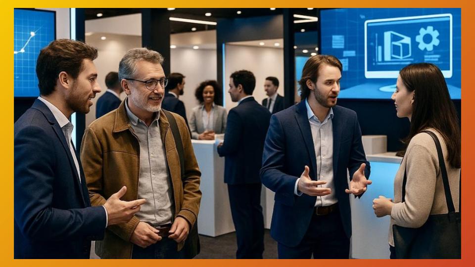 Stand professionnel animé pendant un salon avec visiteurs et démonstrations produits en cours