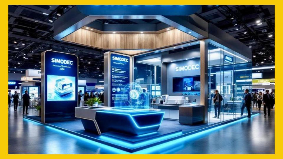 Stand élégant et professionnel pour le SIMODEC 2026, spécialisé en mécanique de précision et décolletage. Espace d’exposition haut de gamme avec démonstrations techniques, salle de réunion privée et zone accueil interactive, inspiré des standards des salons industriels premium.