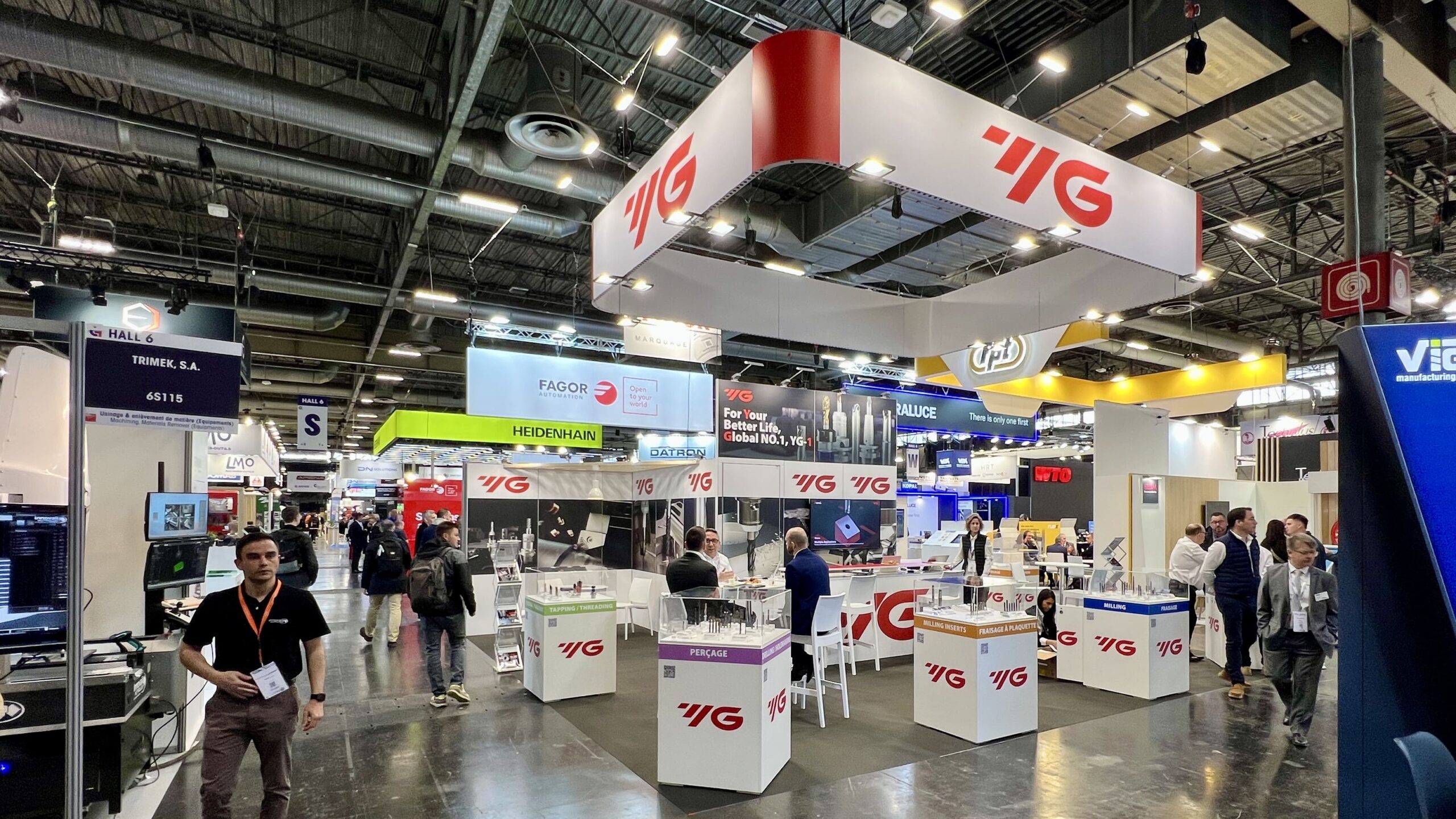 Stand YG-1 60 m² îlot avec vitrine outils de coupe, Global Industrie 2026 Paris Villepinte