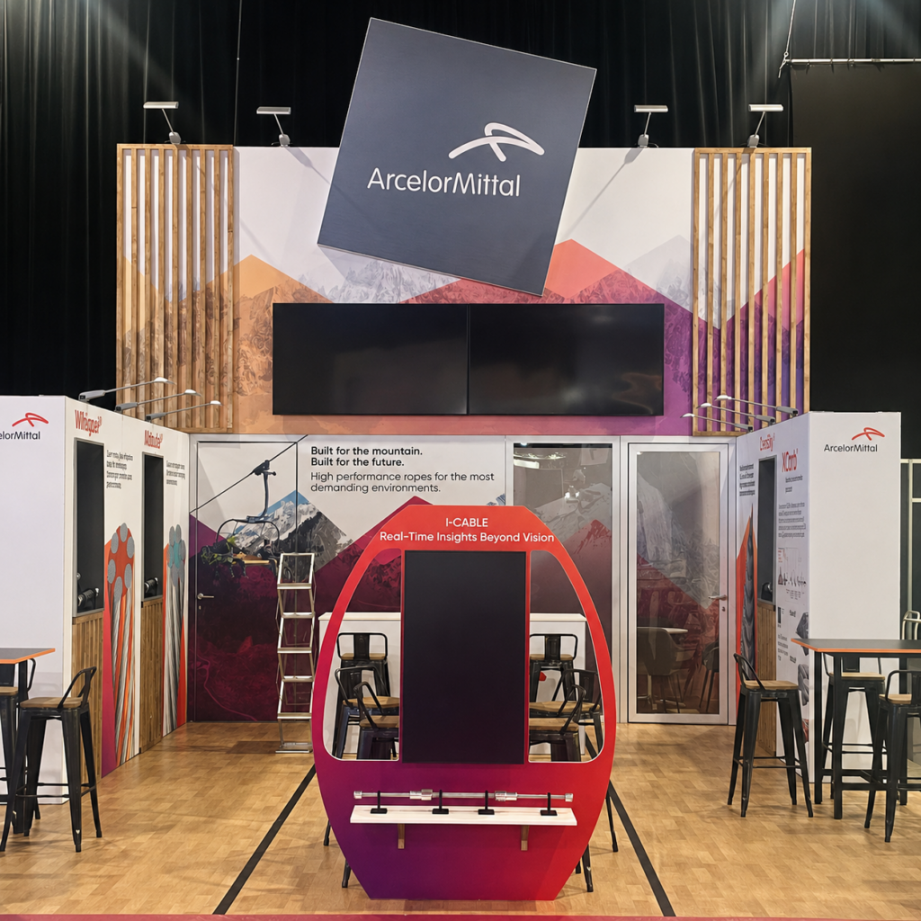 Stand ArcelorMittal Mountain Planet 2026 — cabine i-CABLE grandeur nature et double écran 43" en fond de stand