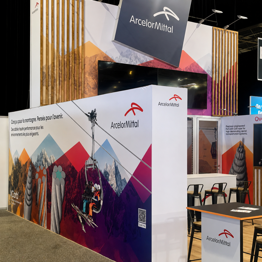 Stand ArcelorMittal Mountain Planet 2026 Grenoble — habillage extérieur grand format et communication de marque