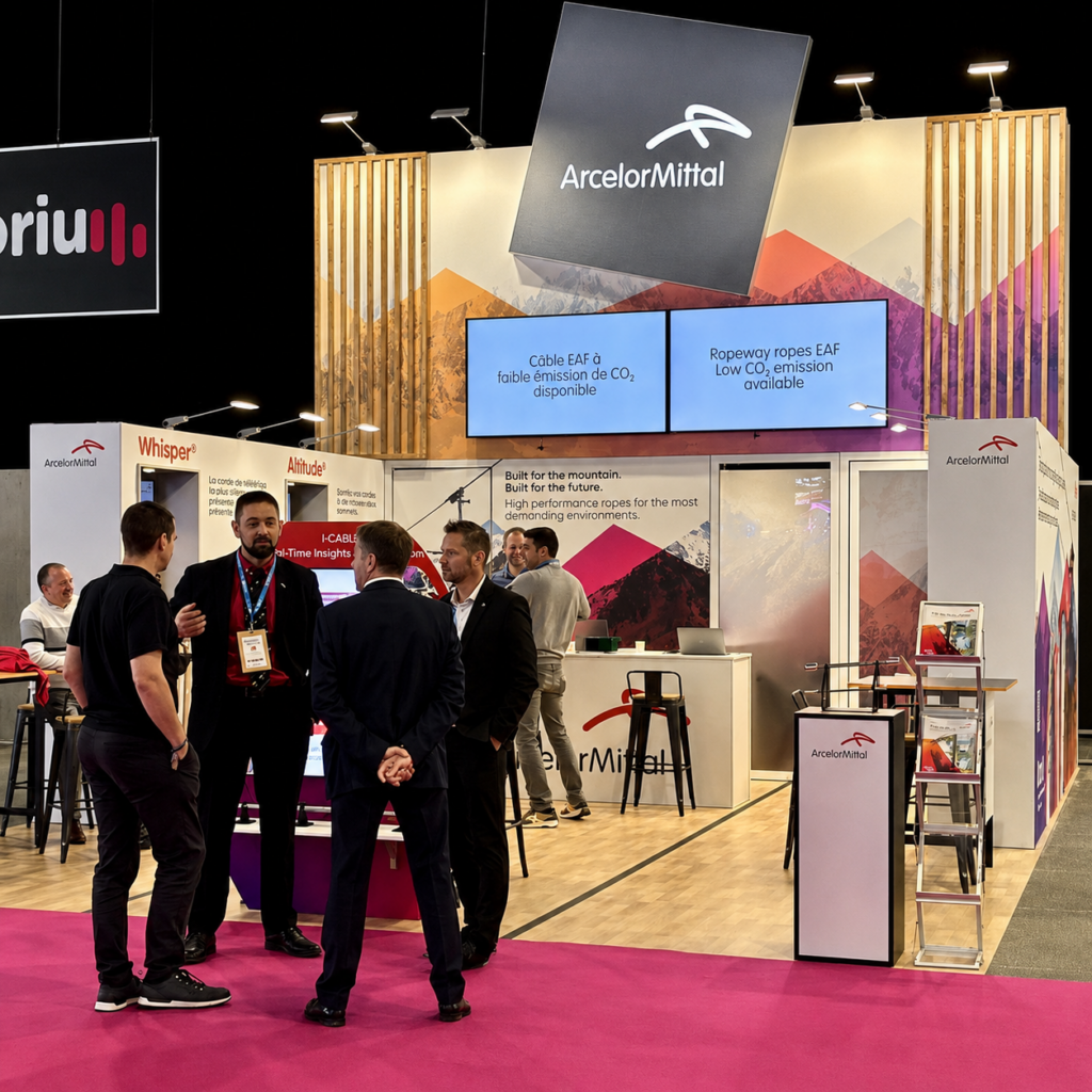 Stand ArcelorMittal Wire Solutions Mountain Planet 2026 — stand animé avec visiteurs professionnels