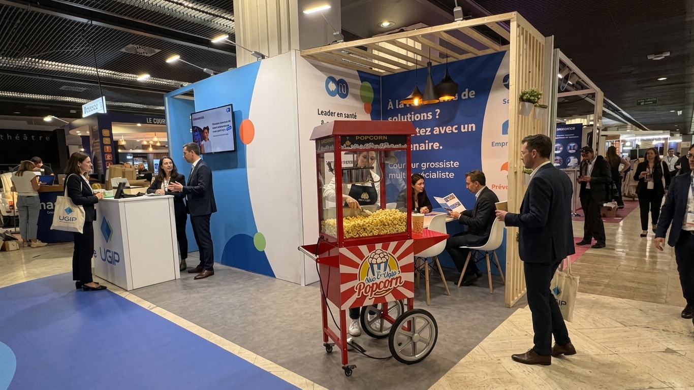 Stand Néoliane UGIP aux Journées du Courtage Paris 2026 — comptoir rond double branding et machine à pop-corn en arrière-plan