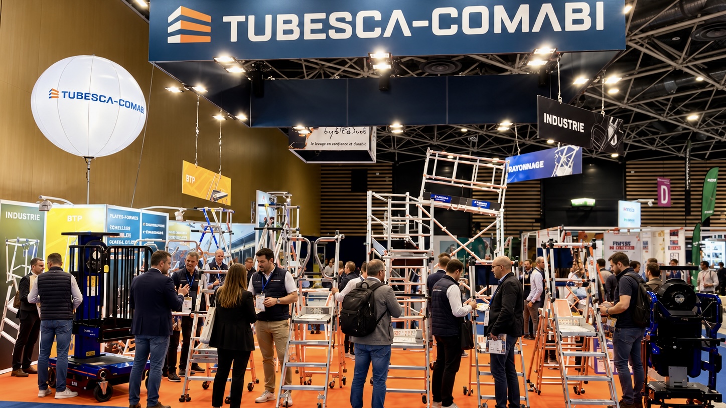 Stand Tubesca-Comabi au Préventica Lyon 2026, Hall 6 — péninsule 54 m² avec enseigne suspendue, conçu par Affaire d'Idées